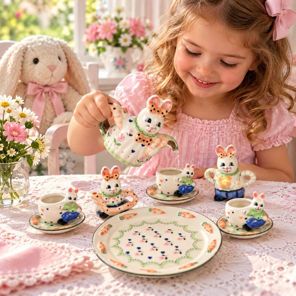 Vintage 1995 Young's Spring Bunny Rabbit Mini 6 Pc Porcelain Tea Play Set Easter